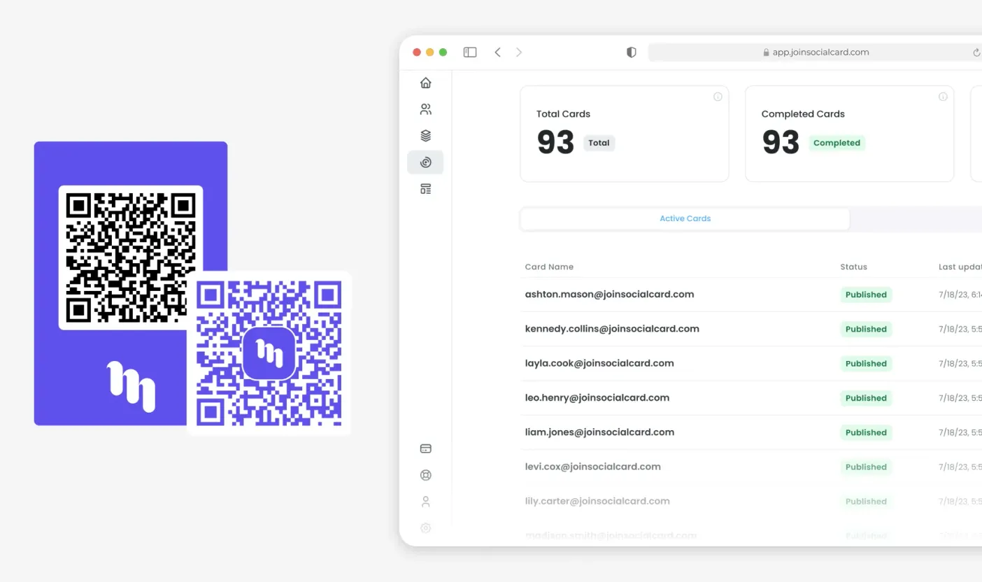 Social Card web dashboard listing published team business cards next to scannable QR codes