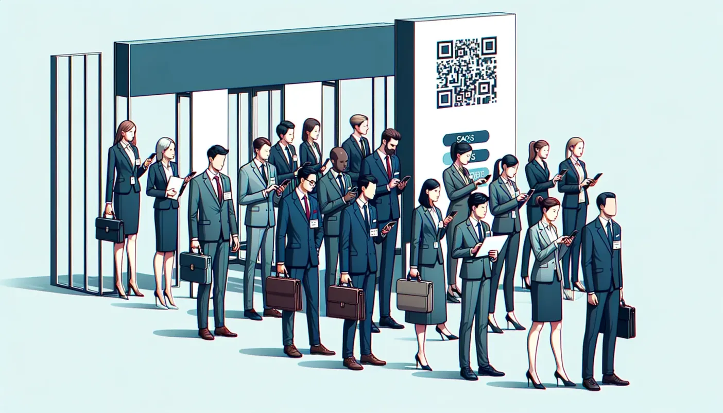 Attendees scanning a QR code to check in at a business event entrance