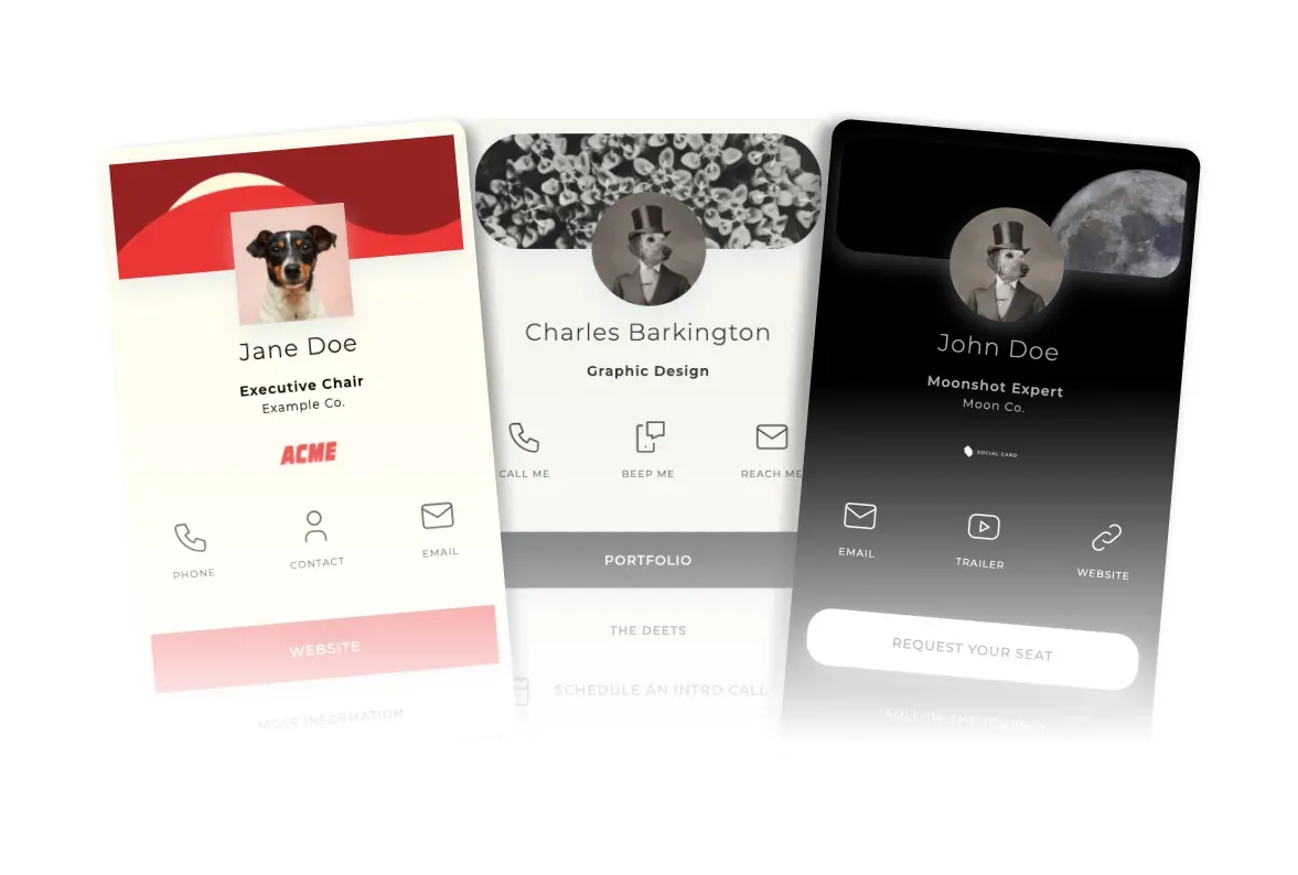 Three Social Card web business card profiles with photos, contact buttons, and links