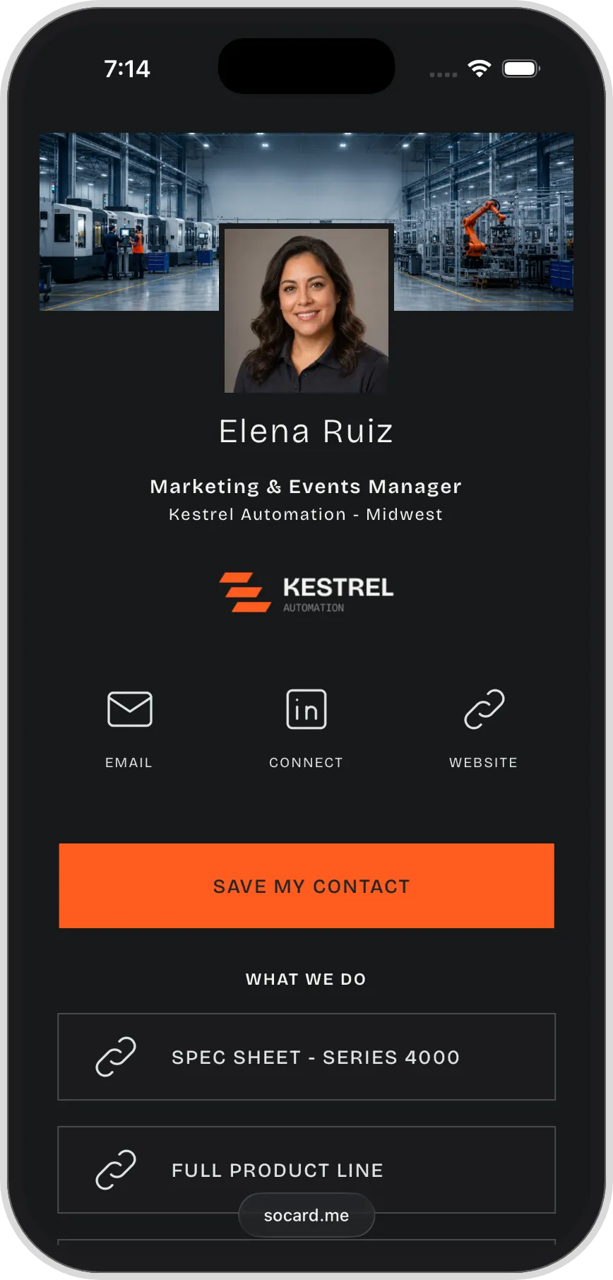 Elena Ruiz, Marketing & Events Manager at Kestrel, on a Kestrel-branded web business card